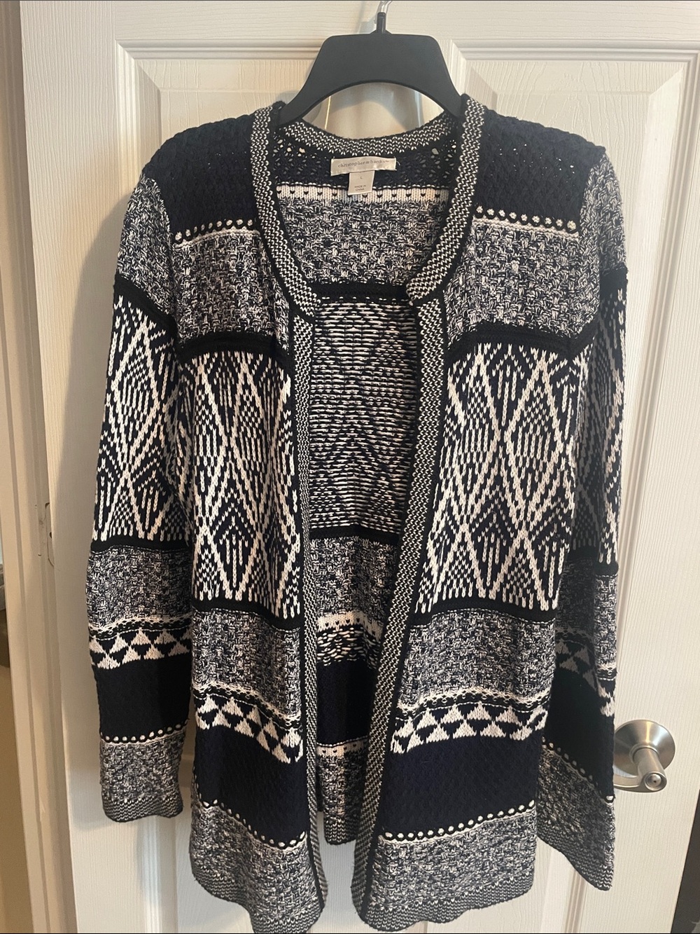 Christopher & Banks Black and White Open-Front Geometric Cardigan